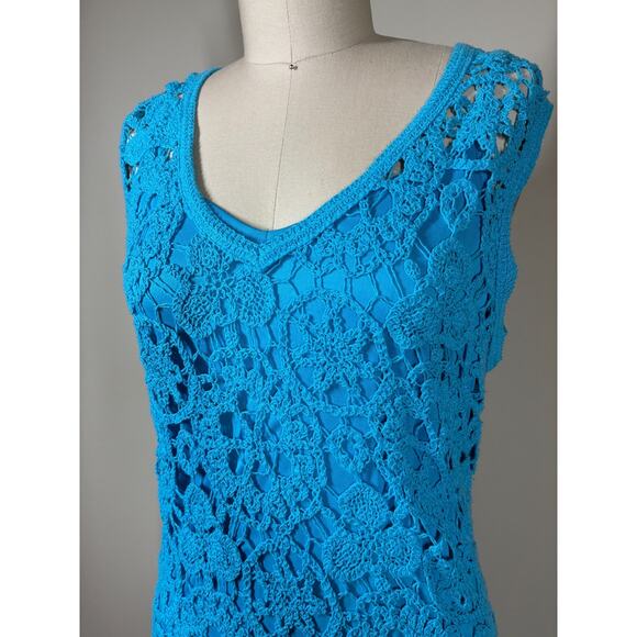 House of Harlow Blue Lace Open Knit Midi Bodycon Dress XS Lined Crochet Colorful - Picture 4 of 16